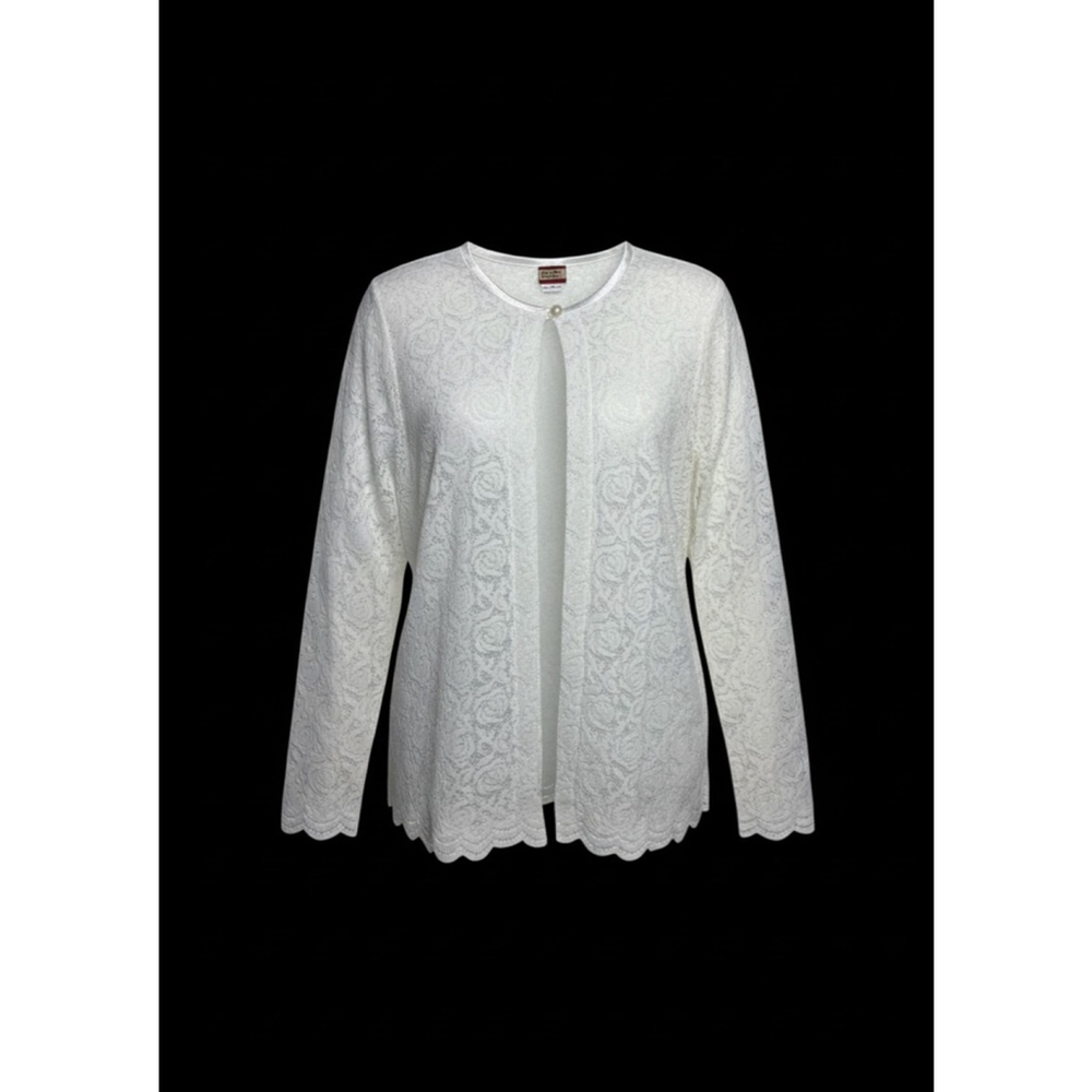 VTG 90s Tudor Court White Coquette Scalloped Lace Top Button Cardigan SZ L - Picture 1 of 8